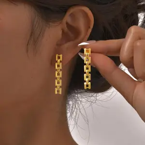 Fashionable Women's Long Dropping Earrings Gold Plated Stainless Steel Watch Chain Drop Earrings