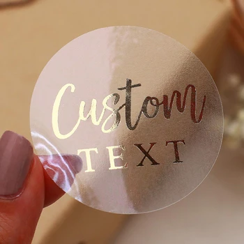 Custom Text Round Gold Foil Clear Stickers, Private Business Logo Self Adhesive Waterproof Print Label Transparent Stickers.
