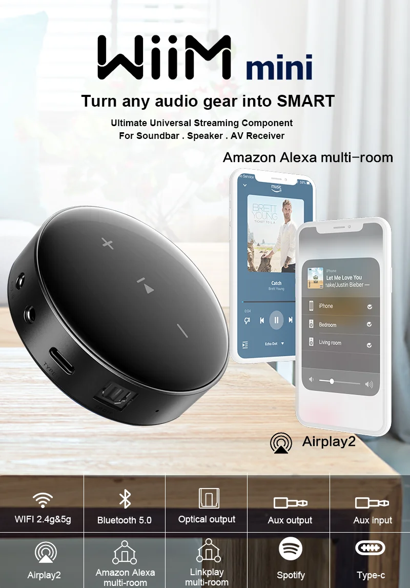 Newest Linkplay Airplay 2 DLNA Audio Music Streaming Receiver With WiFi 2.4G&5G / BT / Optical / AUX