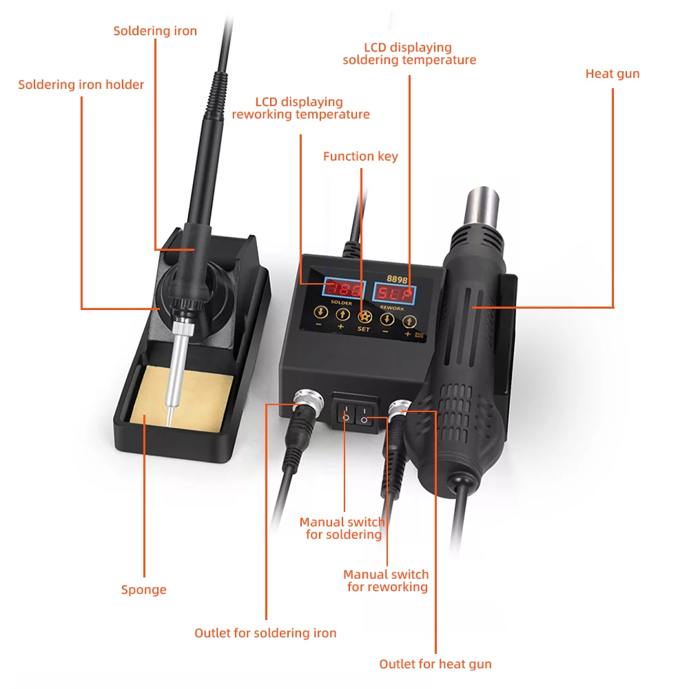8898 2-in-1多機能SMDリワークはんだ付けステーション、60W