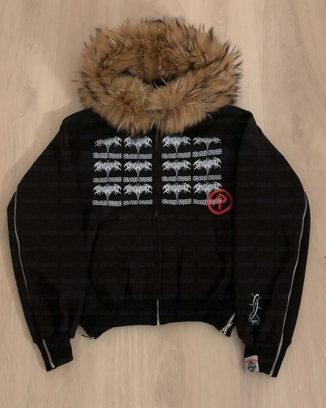 Salati Custom Cotton Stud Rivet Diamond Detachable Faux Fur Faded Effect Dirty Wash Zip up Rhinestone Unisex Men Hoodie With Fur gallery 8