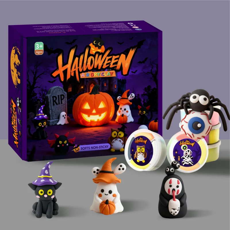 ハロウィンクラフトキット（子供向け）、エアドライクレイクラフトキット、12箱入りモデルマジックソフトクレイアート彫刻用品