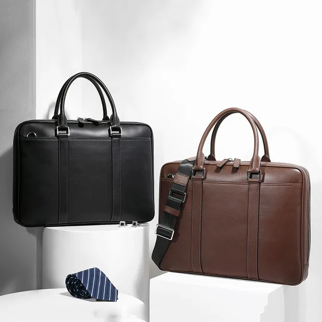Genuine Leather Men's Briefcase - Business Handheld Large-Capacity Bag, Minimalist Cowhide Single Shoulder Crossbody Handbag