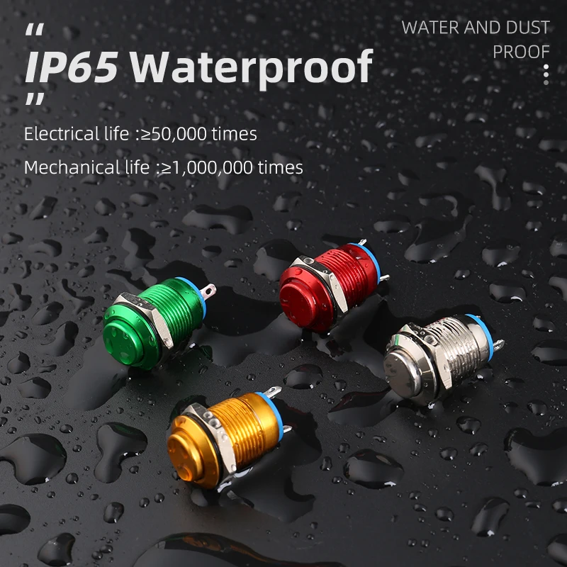 Panel Power Control Push Button Switch 12mm Waterproof Ip65 One Normally Open Aluminum Alloy Plating Metal Pushbutton Switch