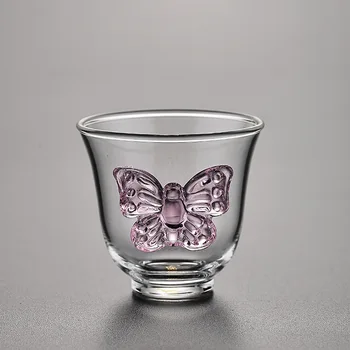 High Quality Pink Butterfly Transparent Glass Cup Saucer Master Cup Love Cup for Tea Tasting Heat-Resistant High Modern