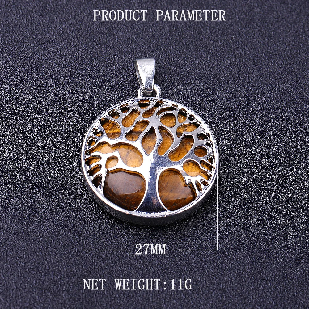 Natural Stone Tree of Life Crystal Pendant Alloy Tree of Life Necklace with Gemstone Rose Quartz Amethyst Tiger Eye Pendant