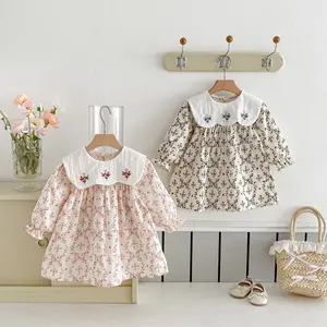 Autumn Korean Style Floral Embroidered Princess Dress for Girls Long-Sleeved O-Neck Casual Collar Sweet Clothes for Kids