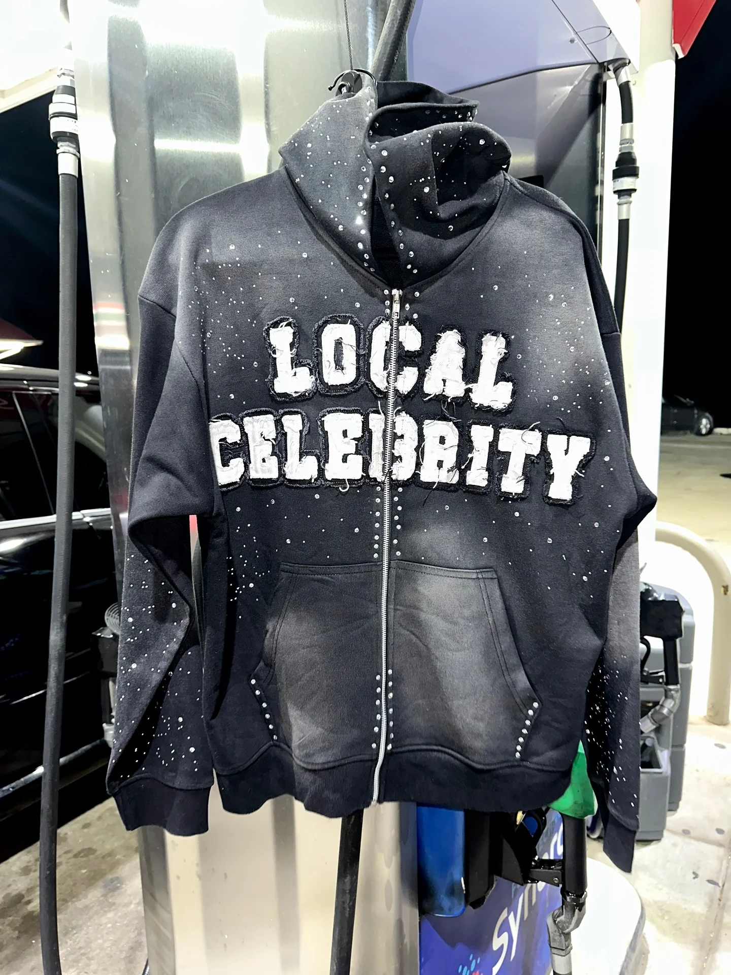 Custom Applique Embroidery Distressed Hoodie Rhinestone Zip up Hoodies Acid Washed Vintage Wash Men Streetwear Hoodie