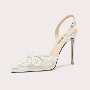 Lilywei Elegant White Custom High Heels Pumps for Bride Wedding Shoes with Lace and Pearl Summer Ladies Shoe Pointed Stiletto