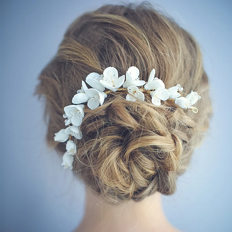 Elegant Handmade White Ceramic Flower Headdress Bridesmaid Bridal Accessories Jewelry Women Hair Combs Earrings