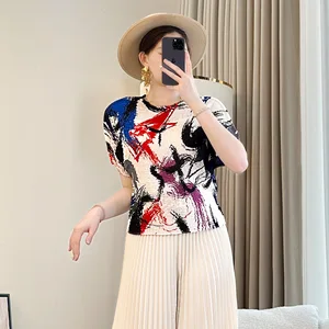 Miyake Women's Summer New Top with Round Neck & Short Sleeves High-grade Printed Loose Pleated Mom T-shirt Stylike Long Length