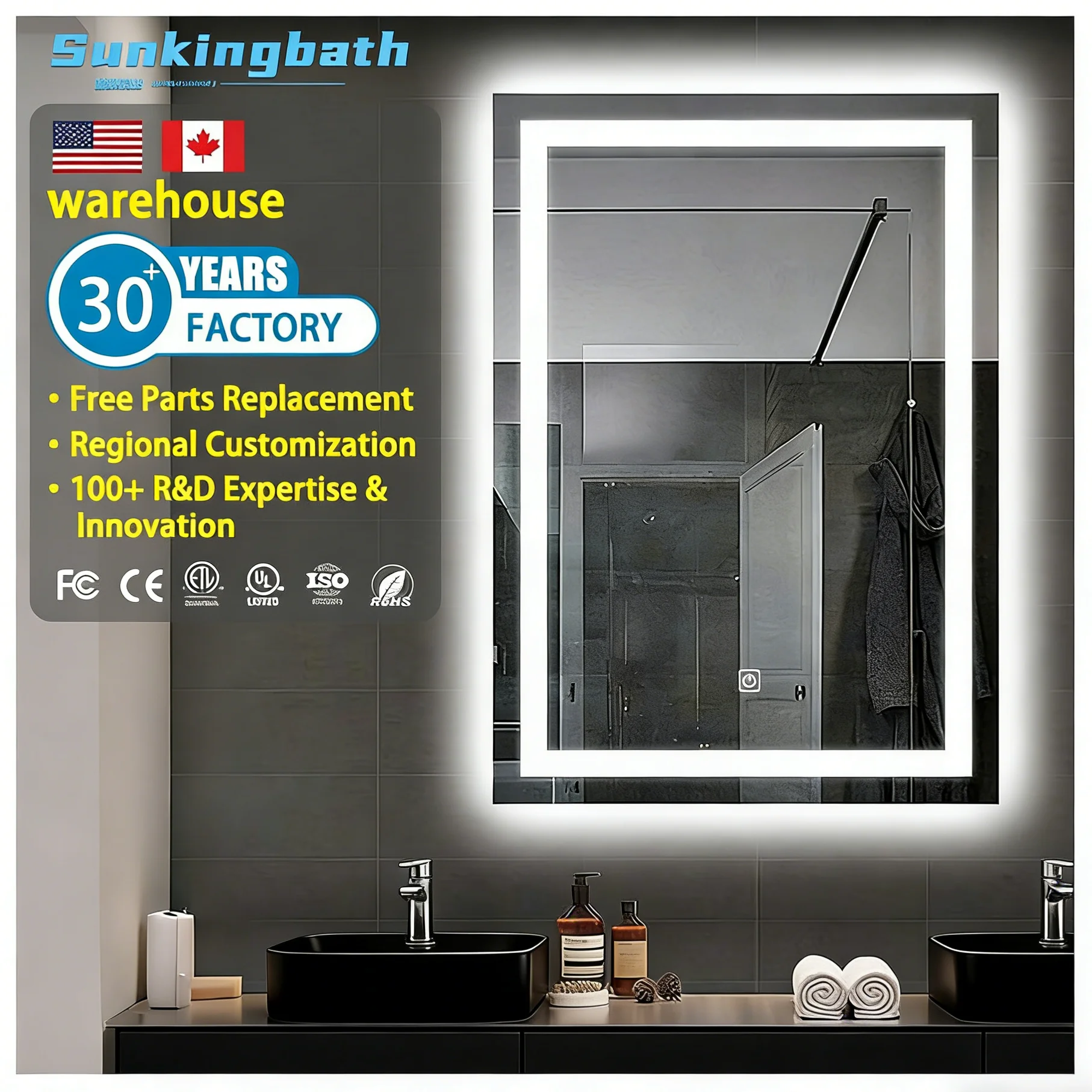 OEM Modern LED Smart Bathroom Mirrors Defogging Rectangle Intelligent Touch Dimming Backlit Miroir Frameless Bath Mirror