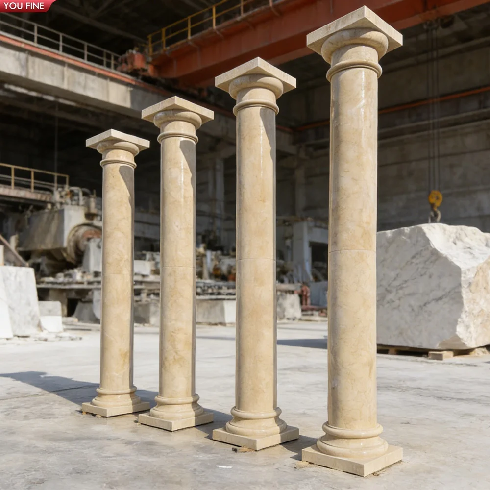 YOUFINE Beige Marble Roman Columns Hand Carved Decorative Pillars for Villa Hotel Building Projects