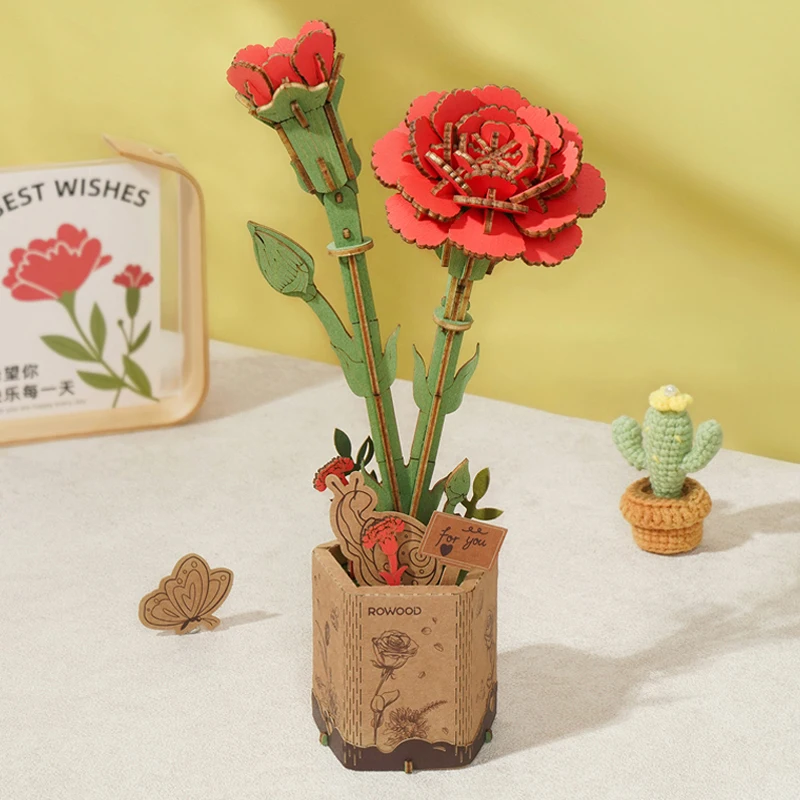 Robotime Wood Crafts Home Decoration Miniature Toys TW052 Red Carnation Flower Model Kit DIY 3D Wooden Puzzles