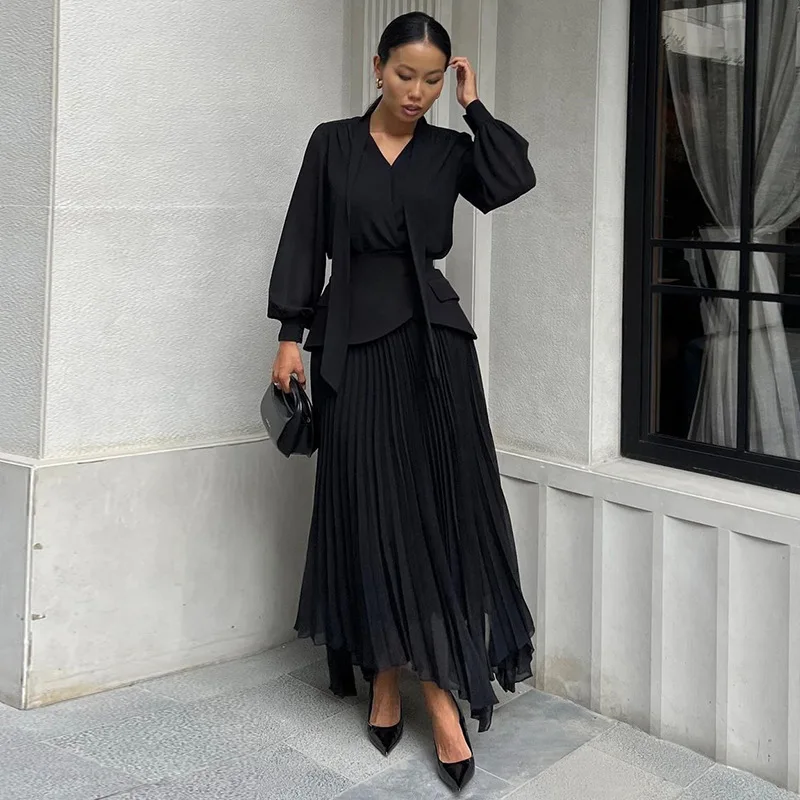 Spring Summer 2025 Women's Cross-Border Fashion Gown with Waist-Cinching  Belt Asymmetrical Pleated Dress Two-Piece Set| Alibaba.com