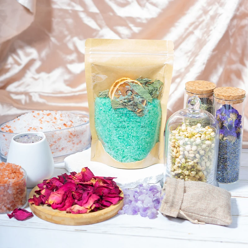 Low Moq Custom Private Label Bath Salts Flower Containers Organic Dead