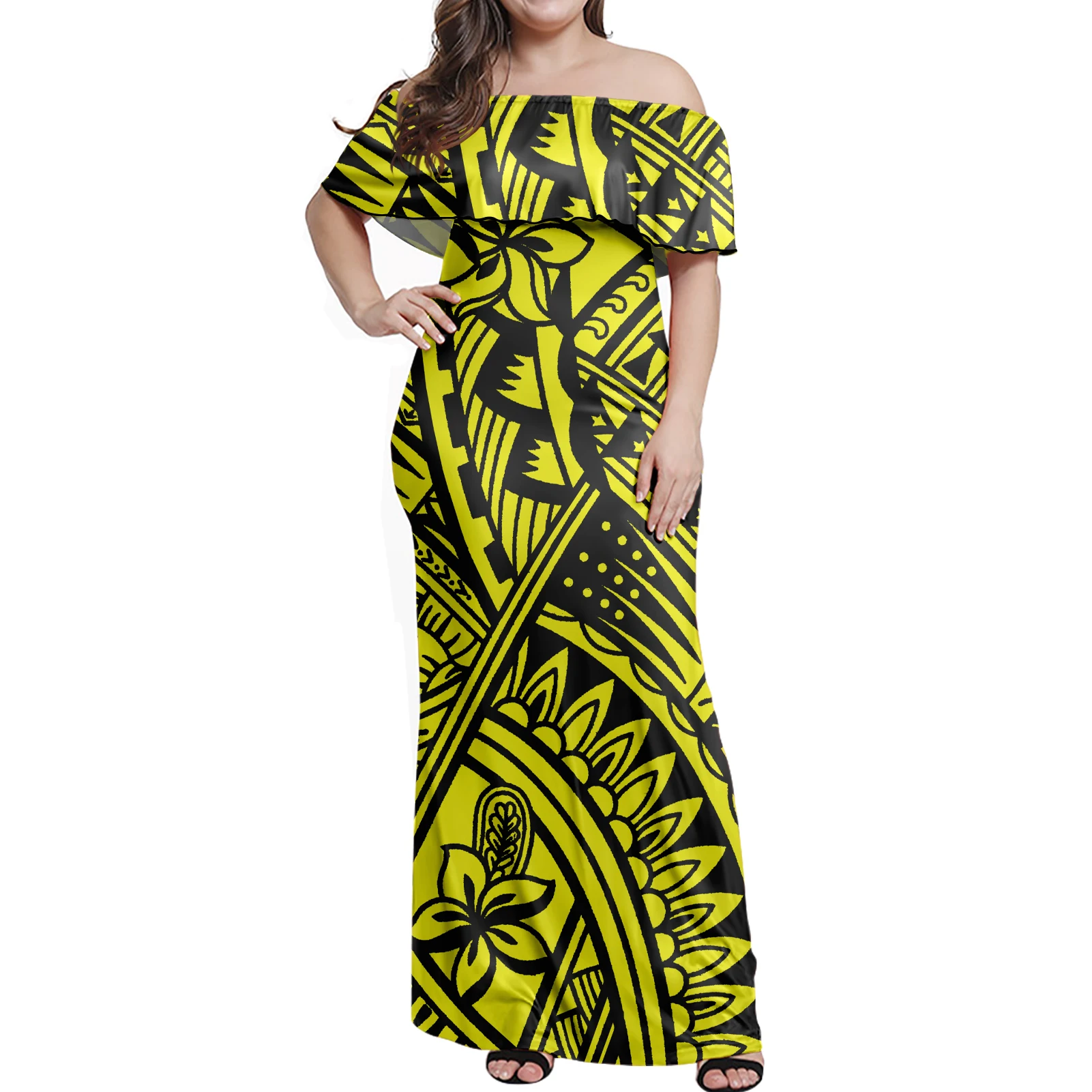 Yellow Tribal Polynesian Samoa Style Print Summer Couple Clothing Women Off Shoulder Ruffle Dress Match Men Shirt Plus Size 2021