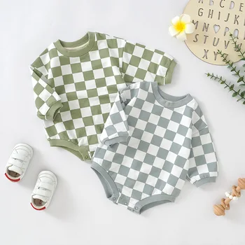 children's sweater ins Hot sale romper chessboard plaid romper baby jumpsuit organic cotton baby rompers