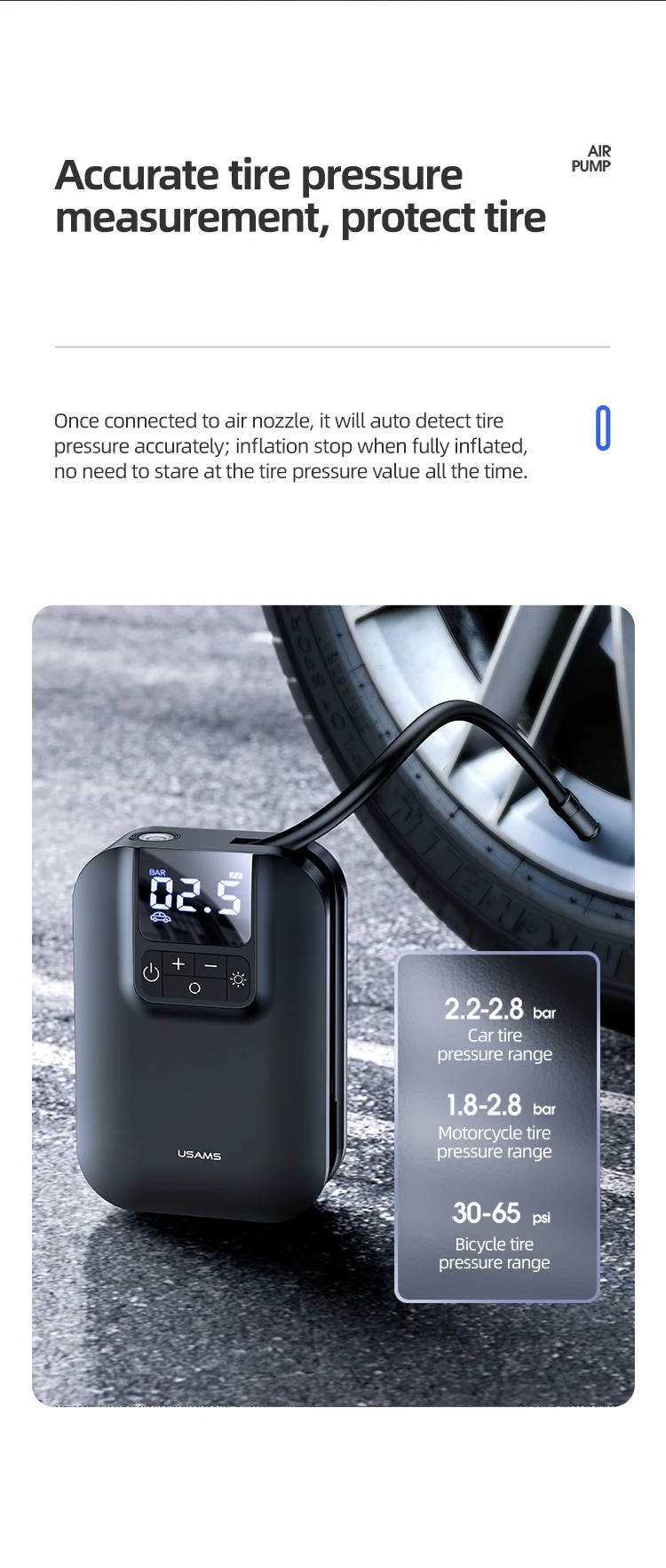 USAMS ZB215 Mini Car Air Pump automatic led digital tyre air compressor pressure detection 5000mAh tire inflator