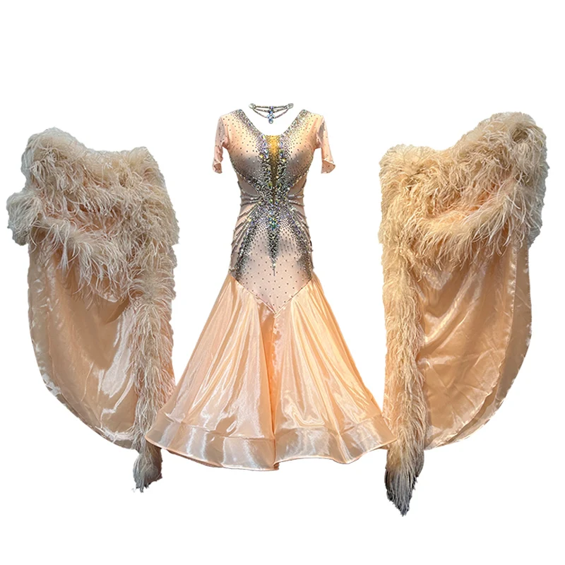 B-24077 New International Standard Elegant Ballroom Dress High Quality  Chiffon Ballroom Dance Dresses with Ostrich Feathers