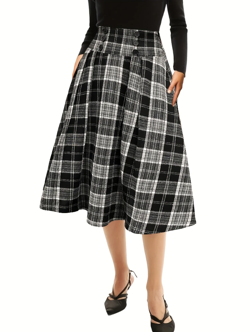 Spring Elastic Waist Plaid Loose Vintage Long Skirt main image 0