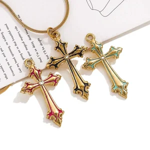 Wholesale Unisex Vintage Punk Enamel Cross Pendant Necklace Imitation Pearl Gold Plated Stainless Steel Jewelry Gift