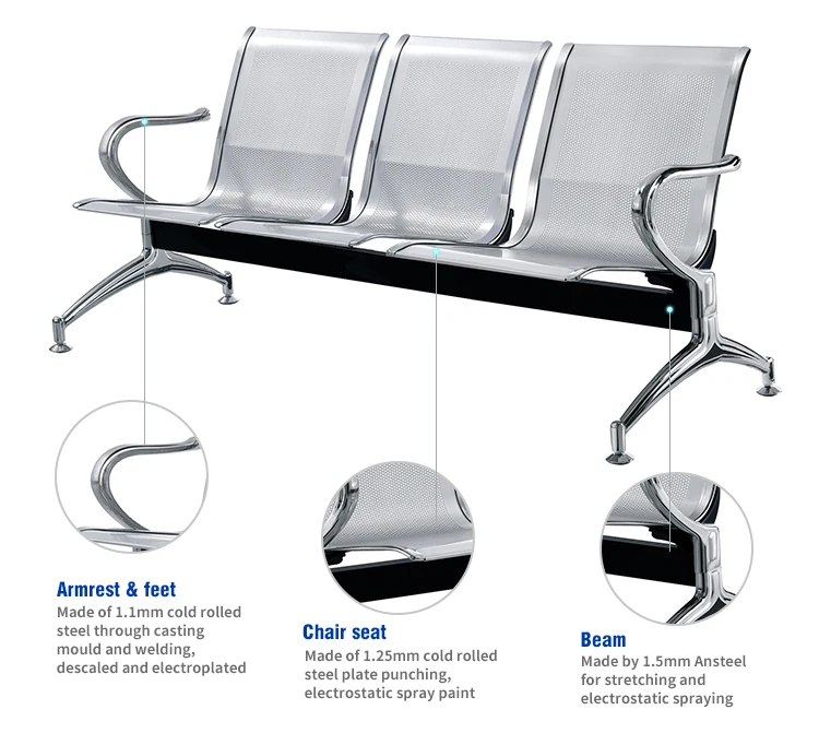 Modern Chrome Steel Waiting Chair 3 Seater D03 Hospital Station Reception Waiting Bench Seat Chair