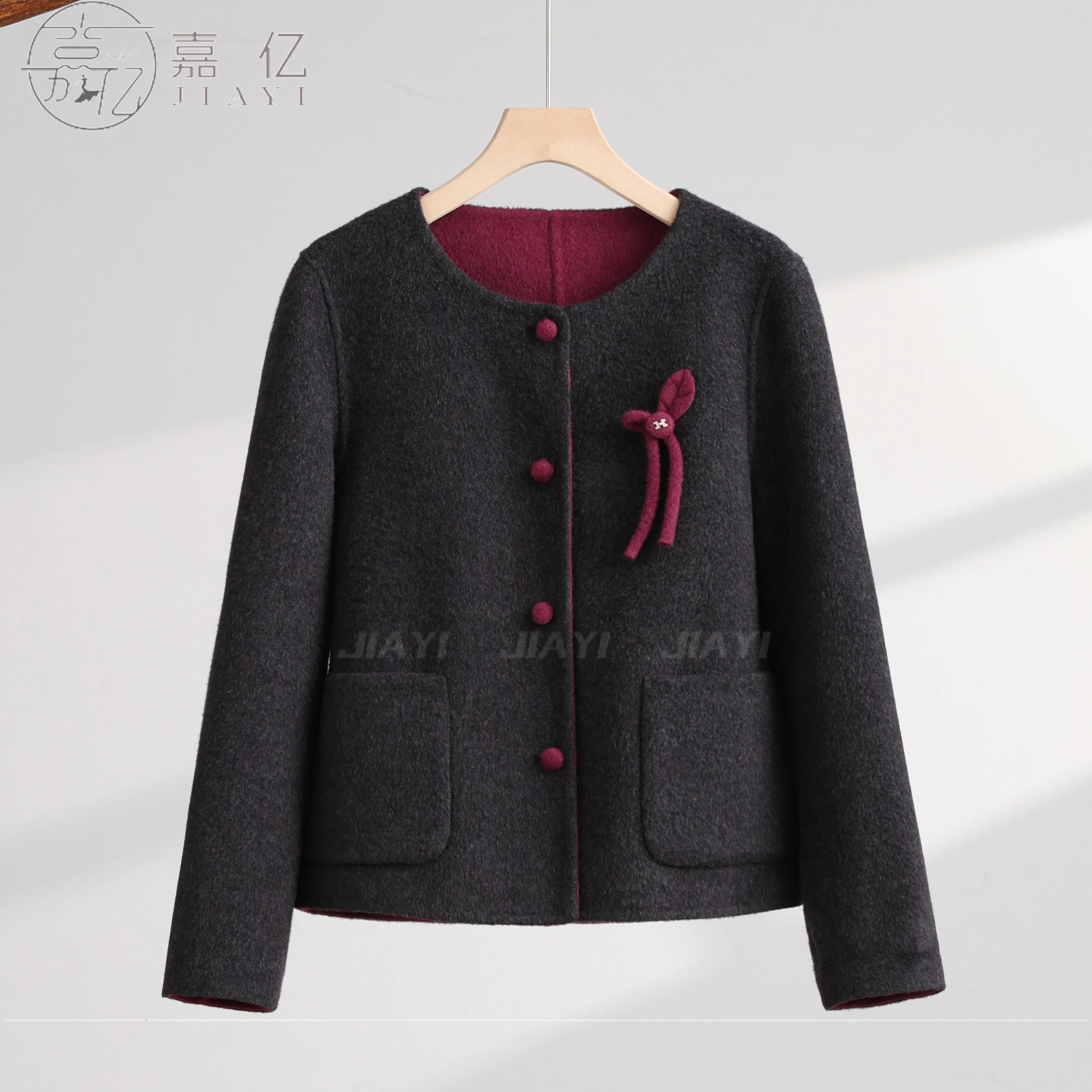 Practical Double-Breasted Woolen Coat with Cute Bow Decor and Button Closure Long Winter Jacket with Practical Pockets