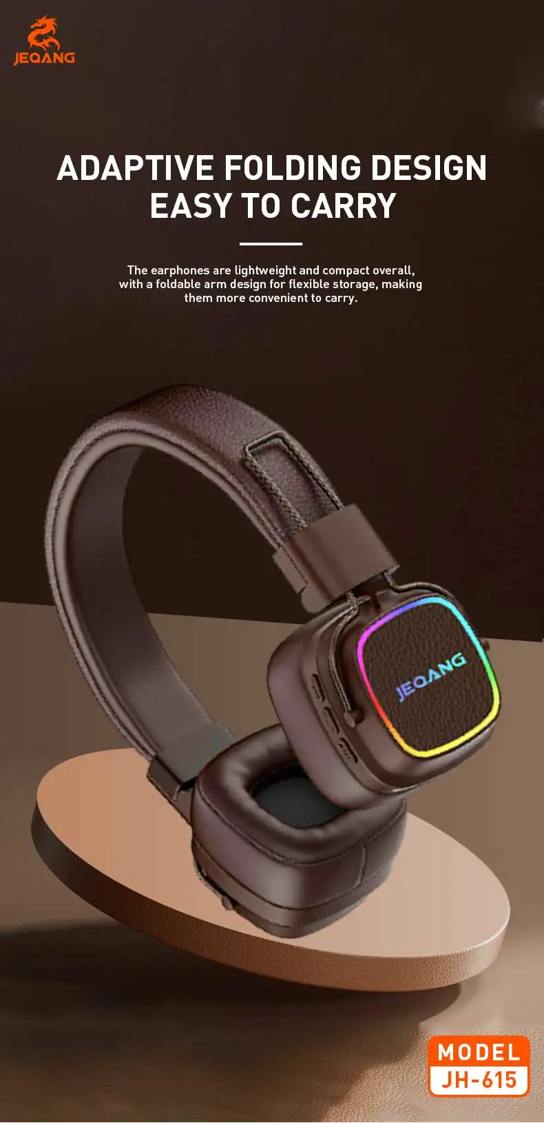 Jeqang New On-Ear BT Headset with RGB Noise Reduction USB Connectors Dynamic VocaLigm for DJ Travel Sports Gaming Office Support