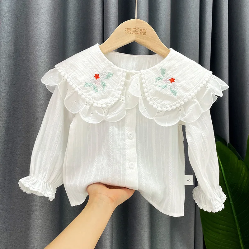 Spring New White Shirt with Double Collar Lace Girls Shirt