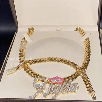 Lowest Price Iced Out Mens Rapper Jewelry Enamel Crown Lock Moissanite Pendant Letter Pendant Cuban Link