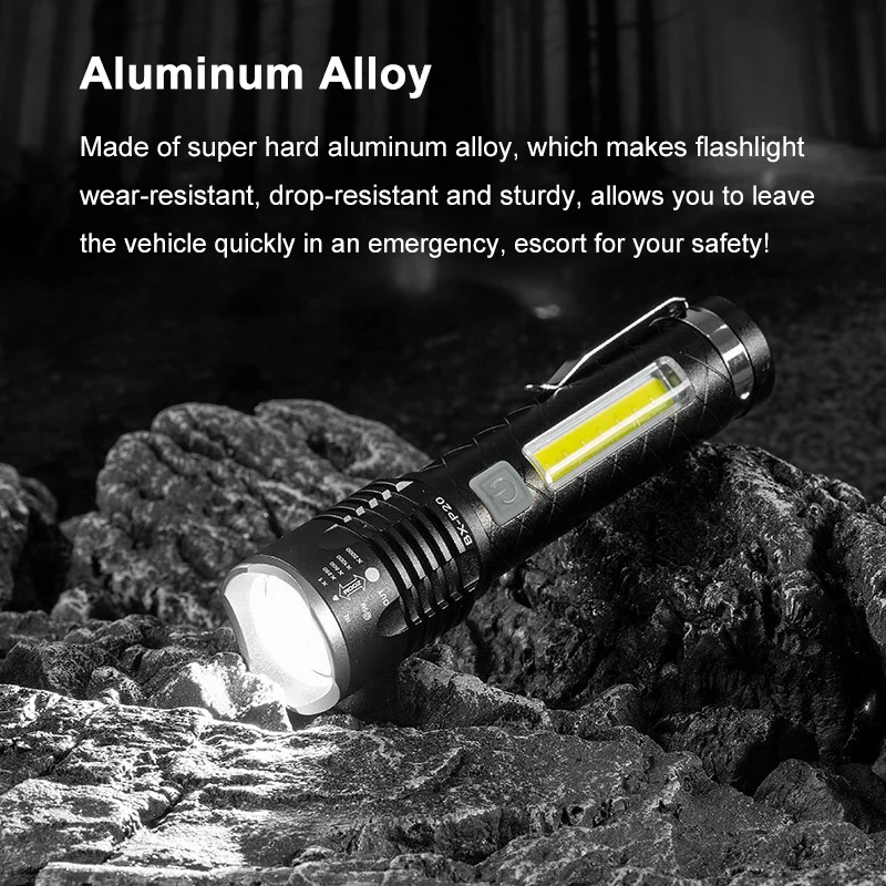 Super Bright LED Flashlight COB Side White Red Light 15W LED Rechargeable 3000 Lumens Outdoor Emergency 4 Modes Zoomable Torch