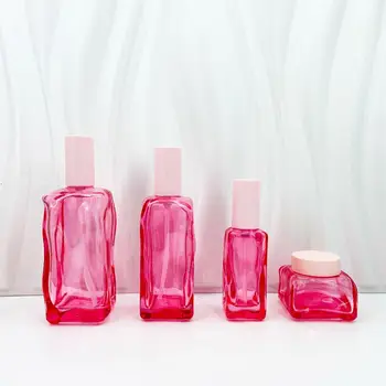 Pink clear Square Custom Lotion Bottle Pump Spray Glass Bottle Empty Luxury Cosmetic Skin Care Packaging