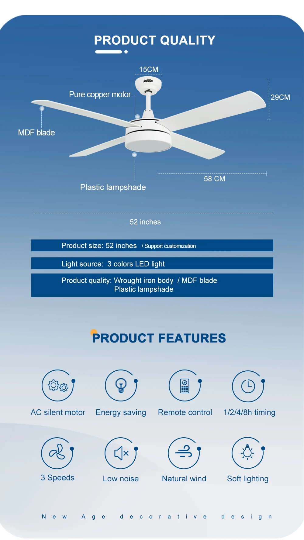 1stshine Ceiling Fan Noiseless Large Airflow Mdf Blade Ac Motor