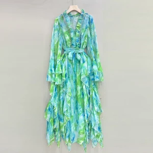AELESEEN 2026 Spring Summer Midi Dress Women New V-Neck Green Vintage Floral Printed Layers Ruffles Beading Irregular Party