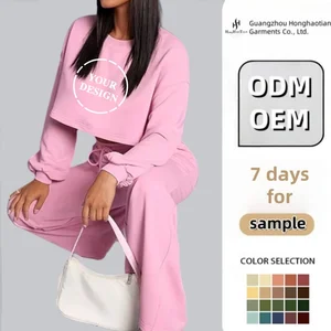 ODM Custom Women Embroidered Lace Jogging Pants Street Wear Long Sleeve Cut Top Sweatshirts Sweatpants Two-piece Jogging Pants