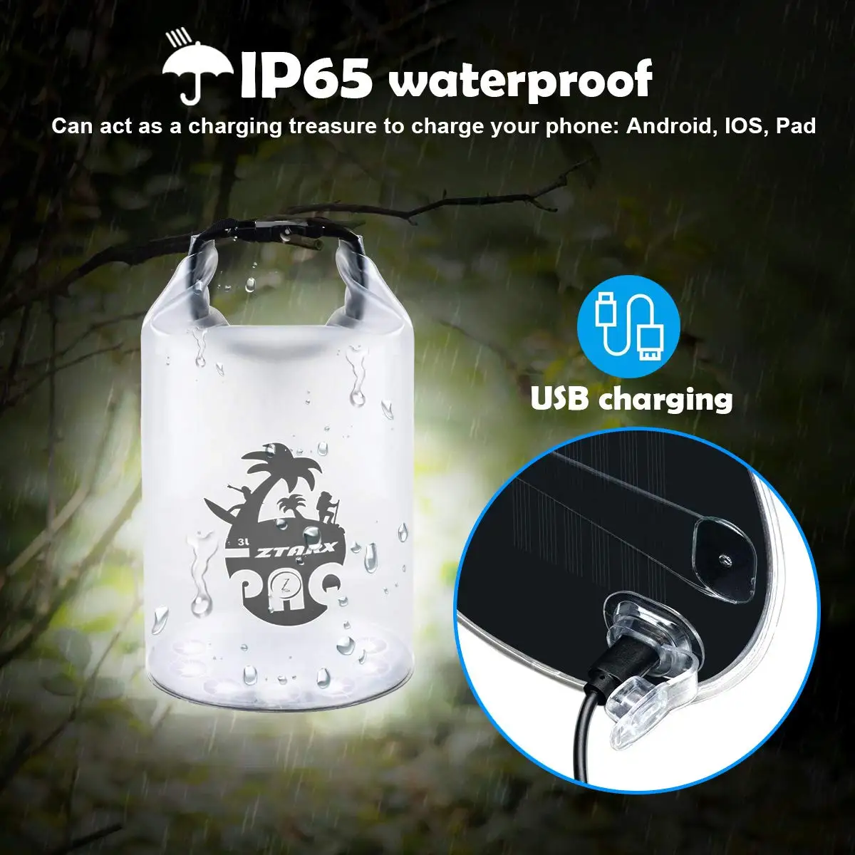 Inflatable Solar Light Phone Charger Lanterns Camping Lights Waterproof Dry Bag Light Foldable LED Outdoor 2 in 1 PVC