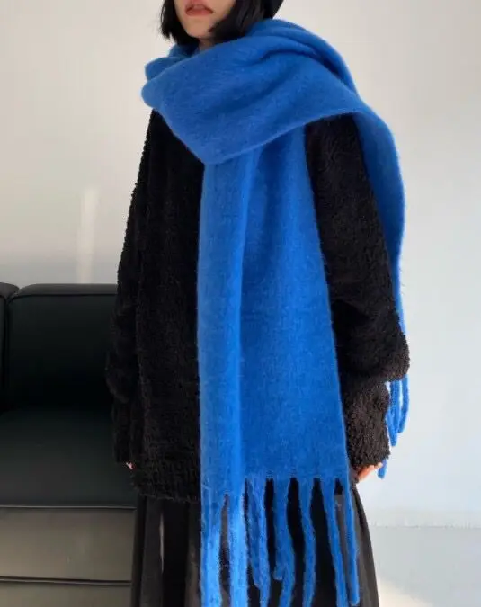 Winter Warm Large Plaid Solid Color Fringe Scarf for Women