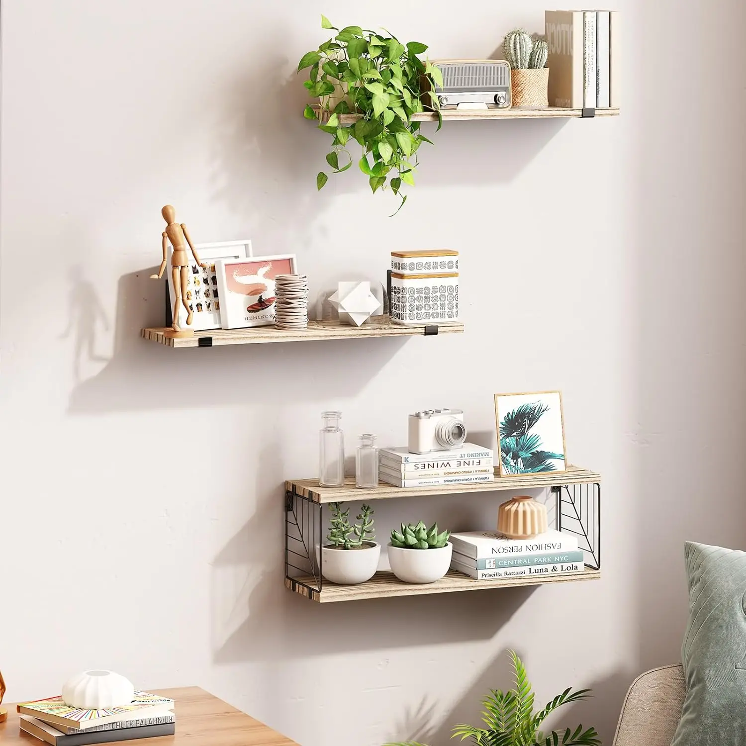 Home Organizer Wall Mounted Wooden Shelf Ornaments Decoration Storage Rack Wood Shelf Load to 40LBS