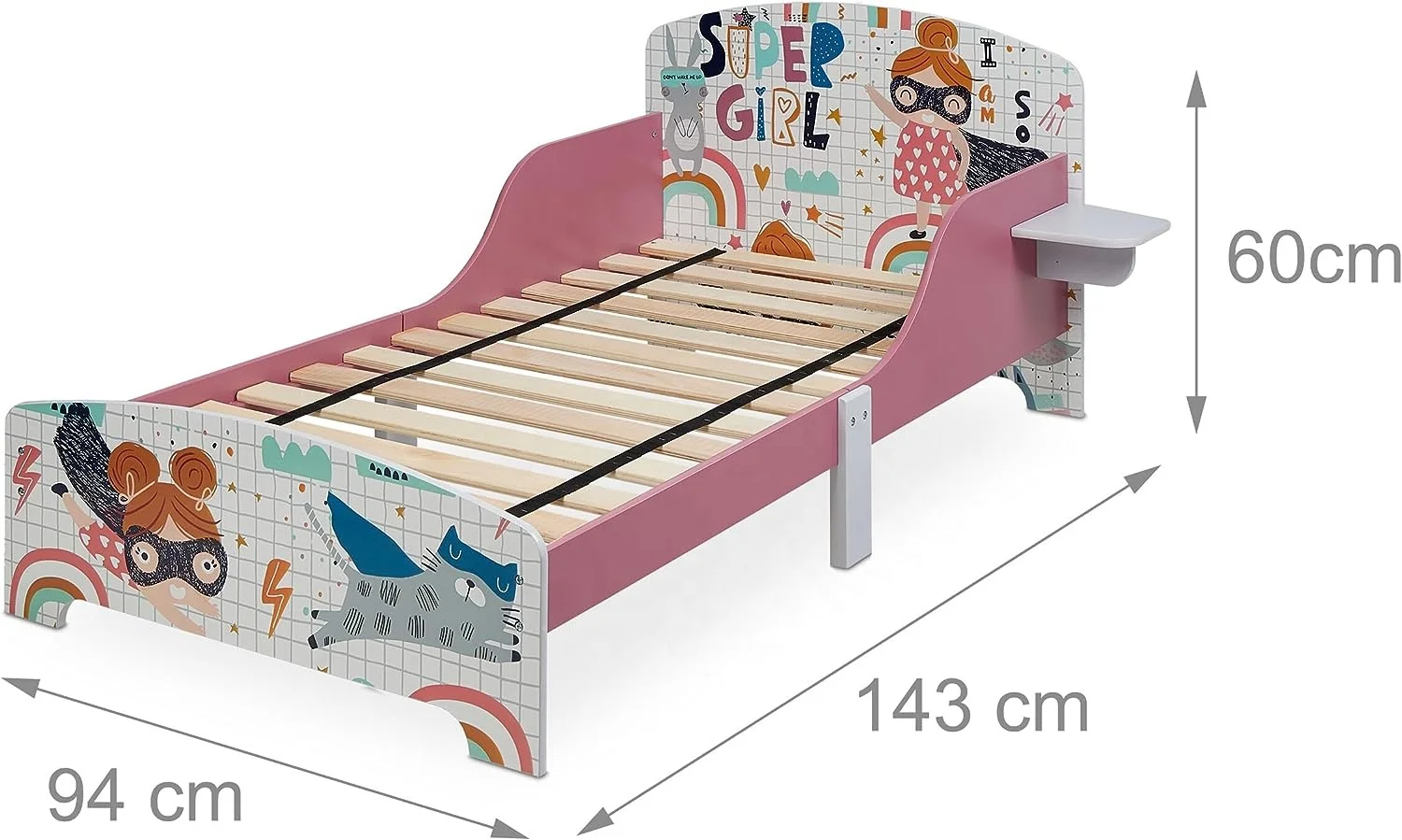 Toffy & Friends Toddler Bed With Shelf,Fall Protection,Slatted Frame
