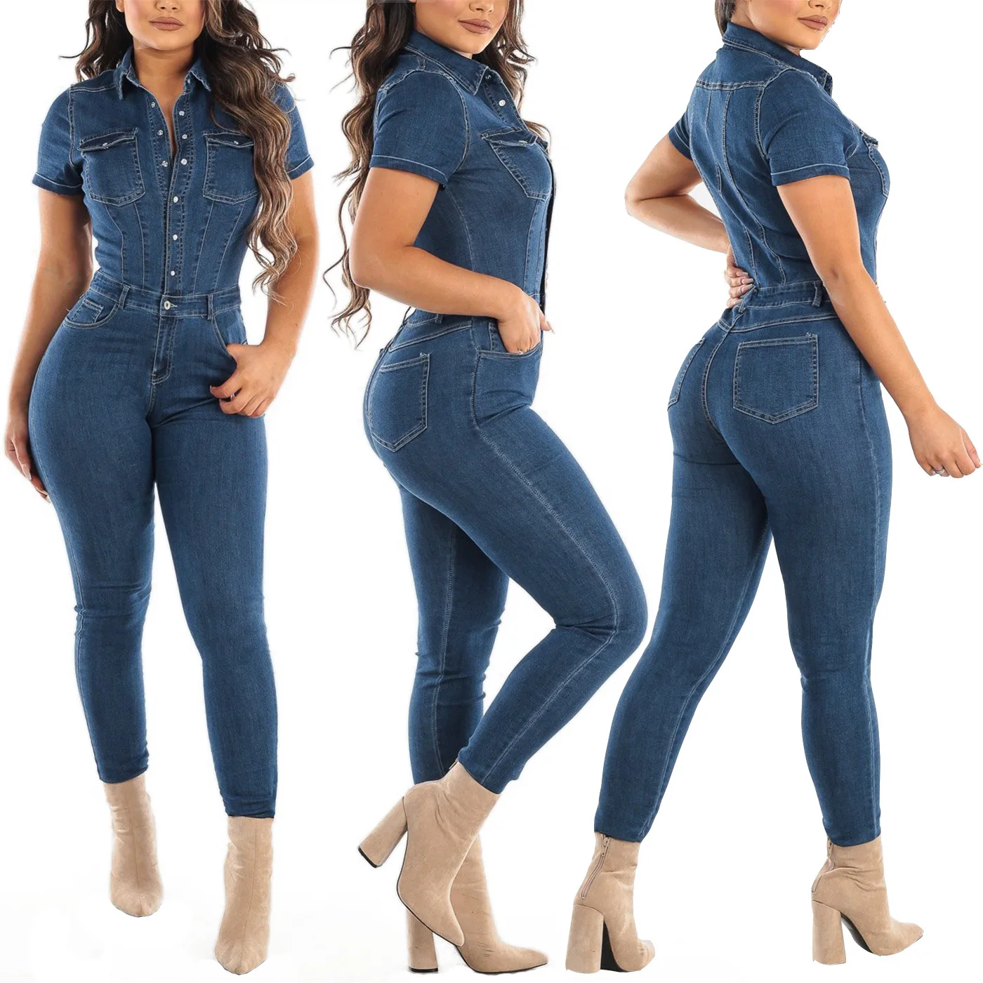 High Quality Sleeveless Autumn Denim Jumpsuit Jean Bodysuit With Button Women Denim Jumpsuit