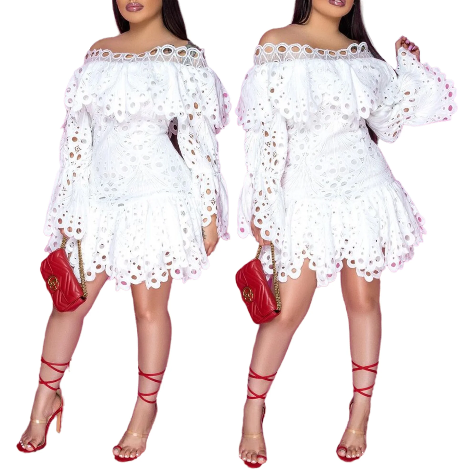 white fall dresses for women Anna-Kaci Women White Summer Fall Renaissance Dresses Casual Boho Lantern Sleeve Off Shoulder Fairy Long Dress, White / XL 16-18 main image 1