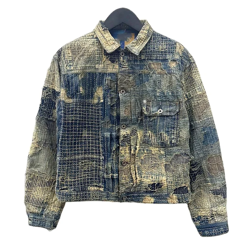 Salati Custom Vintage Do Old Personalized Oversized Destruct Wind Button Cardigan Denim Jean Jacket for Men
