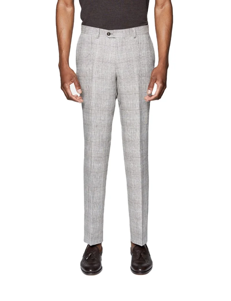 Factory Custom Men's Blue Plaid Linen Slim Fit Casual Suit Pants