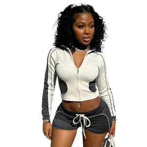 2026 New Stand up Collar Slim Fit Fitness Suit Slimming Top Sports Jacket Shorts Two-Piece Set