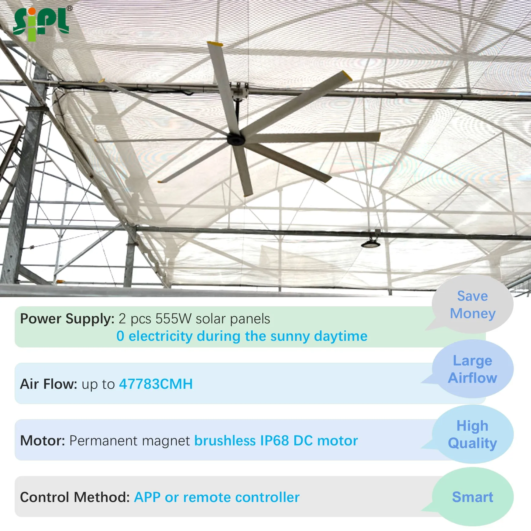 10ft HVLS Industrial Cooling Ceiling Fan Large Solar Powered Ceiling Fan for Farm Greenhouse Commercial Big Ass Ceiling Fans