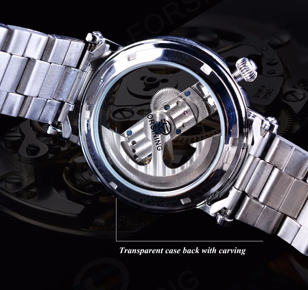 Forsining 2017 Minimalist Design Transparent Case Roman Number Steel Mens Automatic Skeleton Steampunk Watches Top Brand Luxury