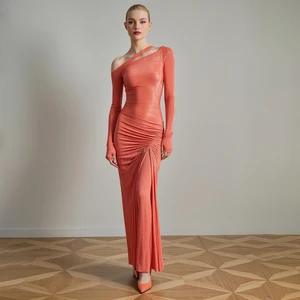 ZYHT 73913 High Quality Orange Long Sleeve Cut Out Collar Maxi Long Sleeve Knot Ruched Knitted Evening Casual Dress