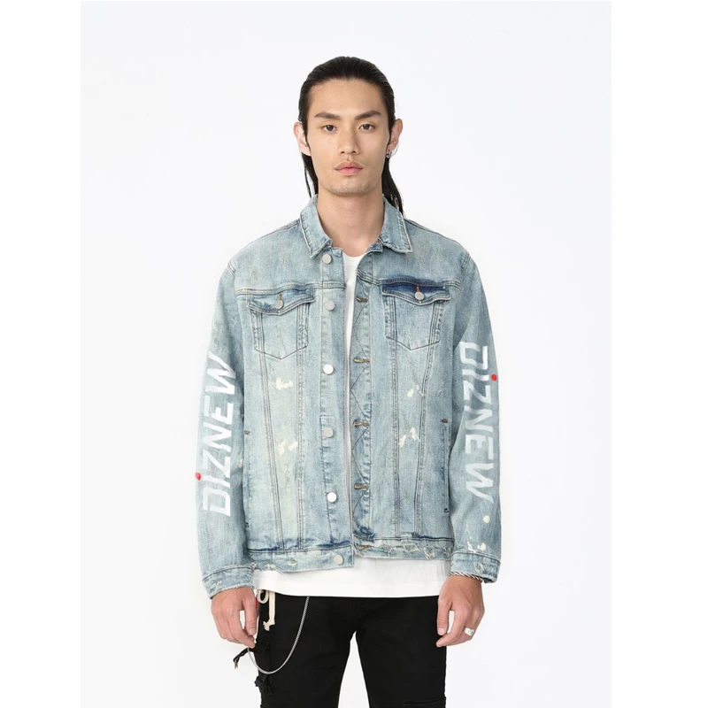 DiZNEW  high quality damaged blue painted  denim jacket men's coats and denim trench coat fashion denim jacket manufacture