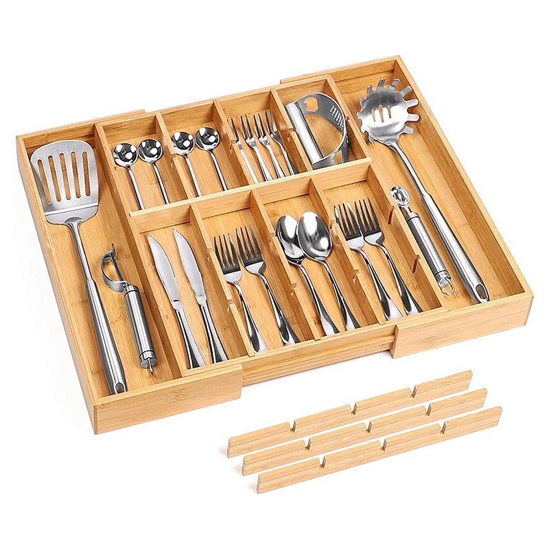 Bamboo Expandable Cutlery Tray Jewelry Organizer Box Kitchen Drawer Organizer Tray Dividers Storage Bins Container for Bathroom
